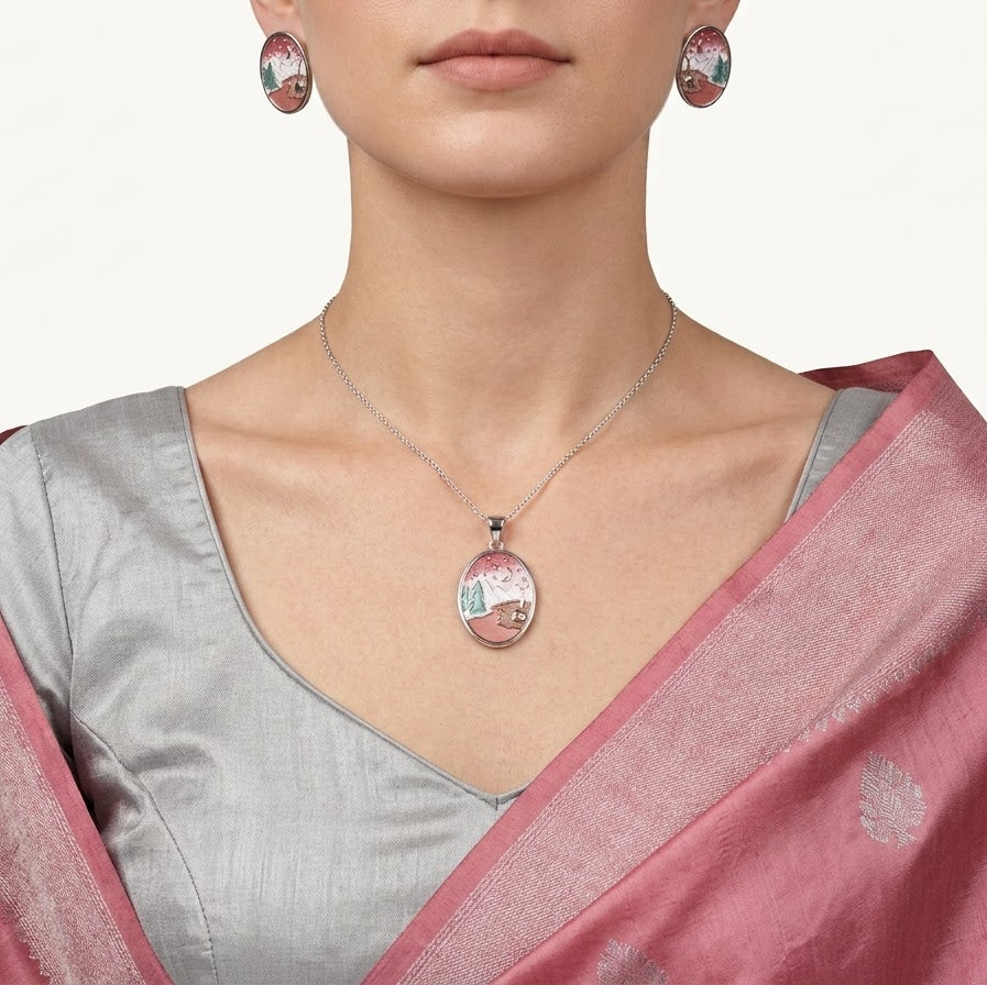 Elegant Pink Mountain Landscape Necklace & Earrings Set with Scenic Enamel Design