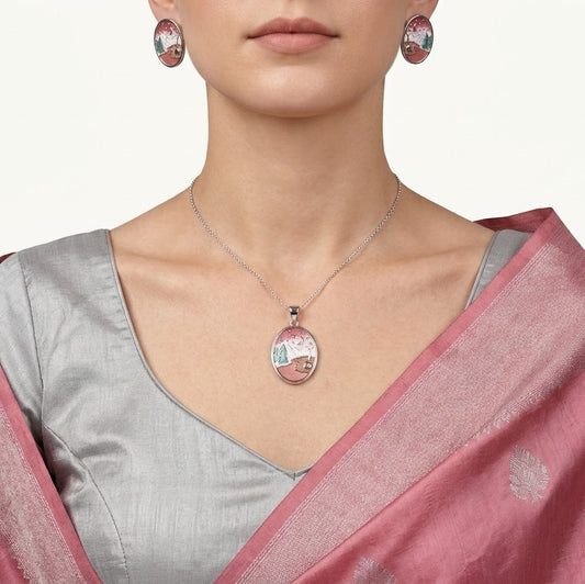 Elegant Pink Mountain Landscape Necklace & Earrings Set with Scenic Enamel Design