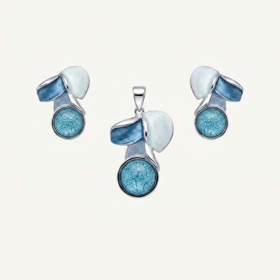 Elegant Blue Floral Necklace & Earrings Set with Textured Round Accents
