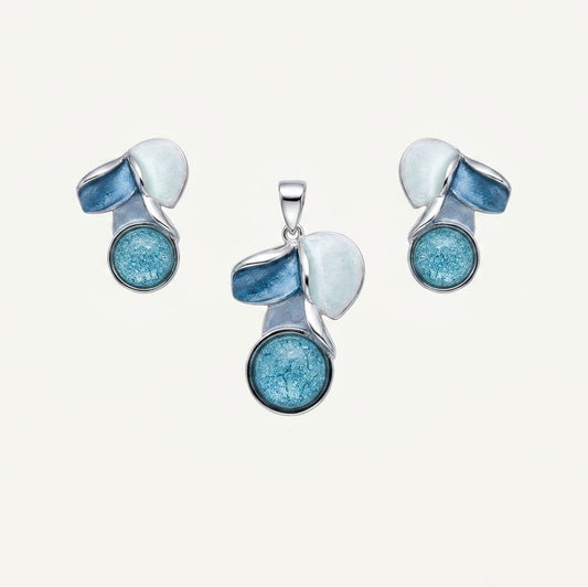 Elegant Blue Floral Necklace & Earrings Set with Textured Round Accents