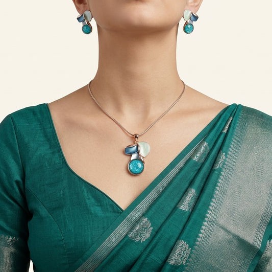 Elegant Blue Floral Necklace & Earrings Set with Textured Round Accents
