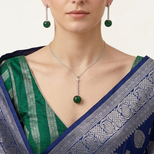 Elegant Green Gemstone Necklace & Matching Drop Earrings Set