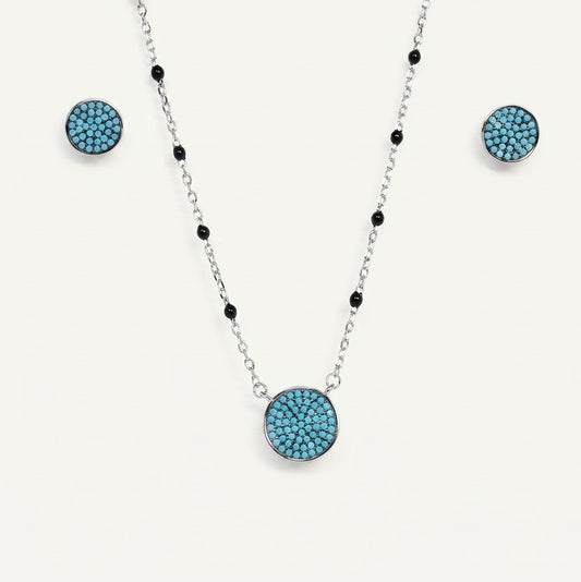 Turquoise Crystal Necklace & Matching Earrings Set with Black Bead Chain