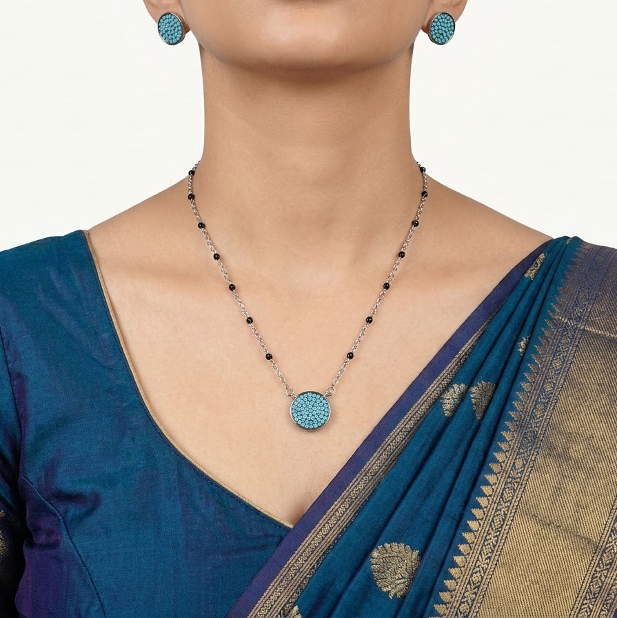 Turquoise Crystal Necklace & Matching Earrings Set with Black Bead Chain