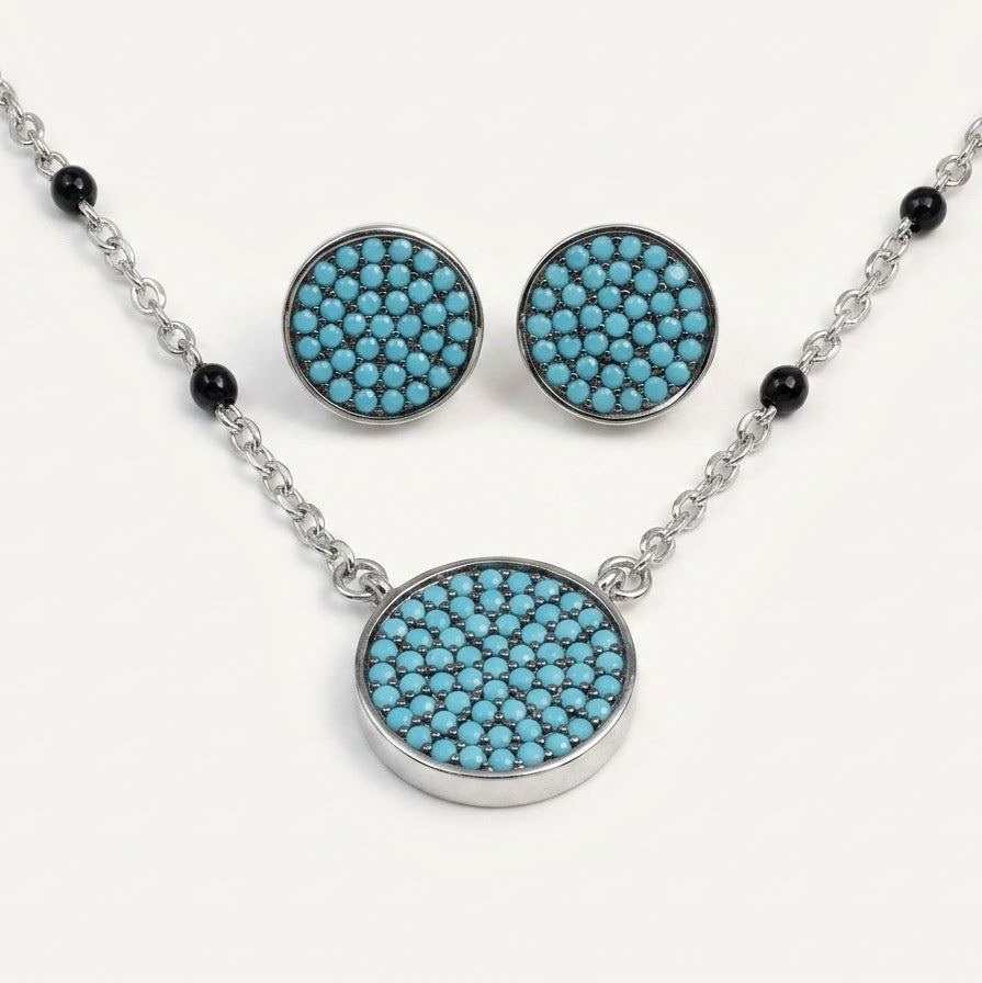 Turquoise Crystal Necklace & Matching Earrings Set with Black Bead Chain