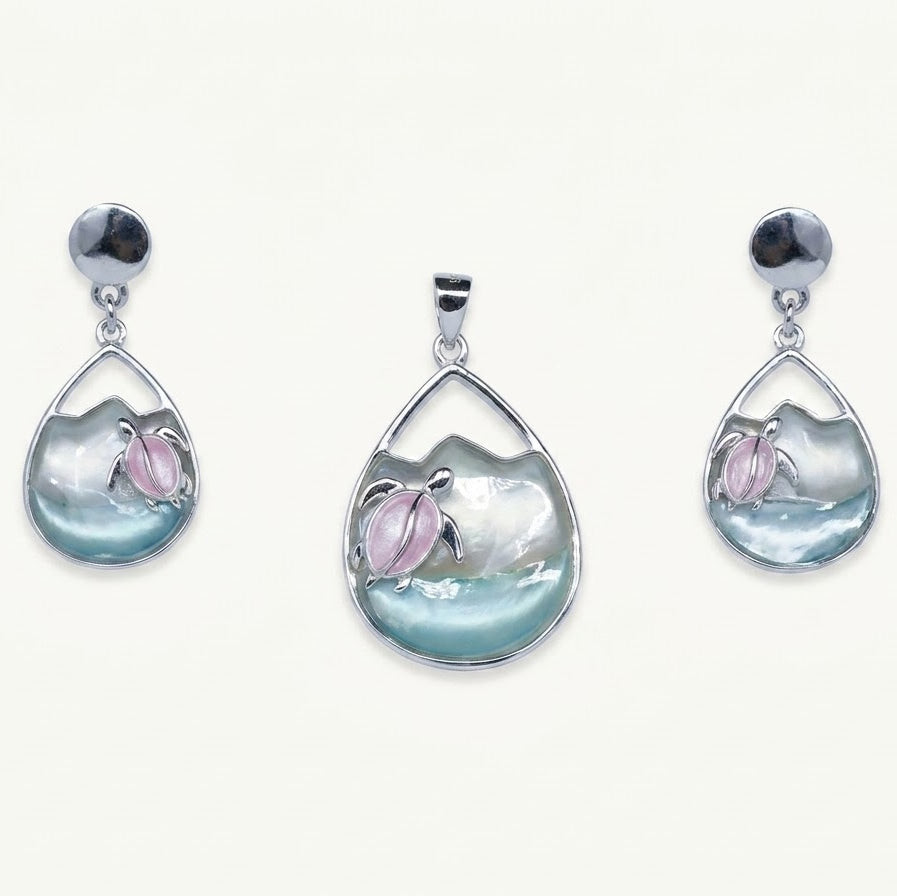 Sea Turtle Teardrop Necklace & Earrings Set