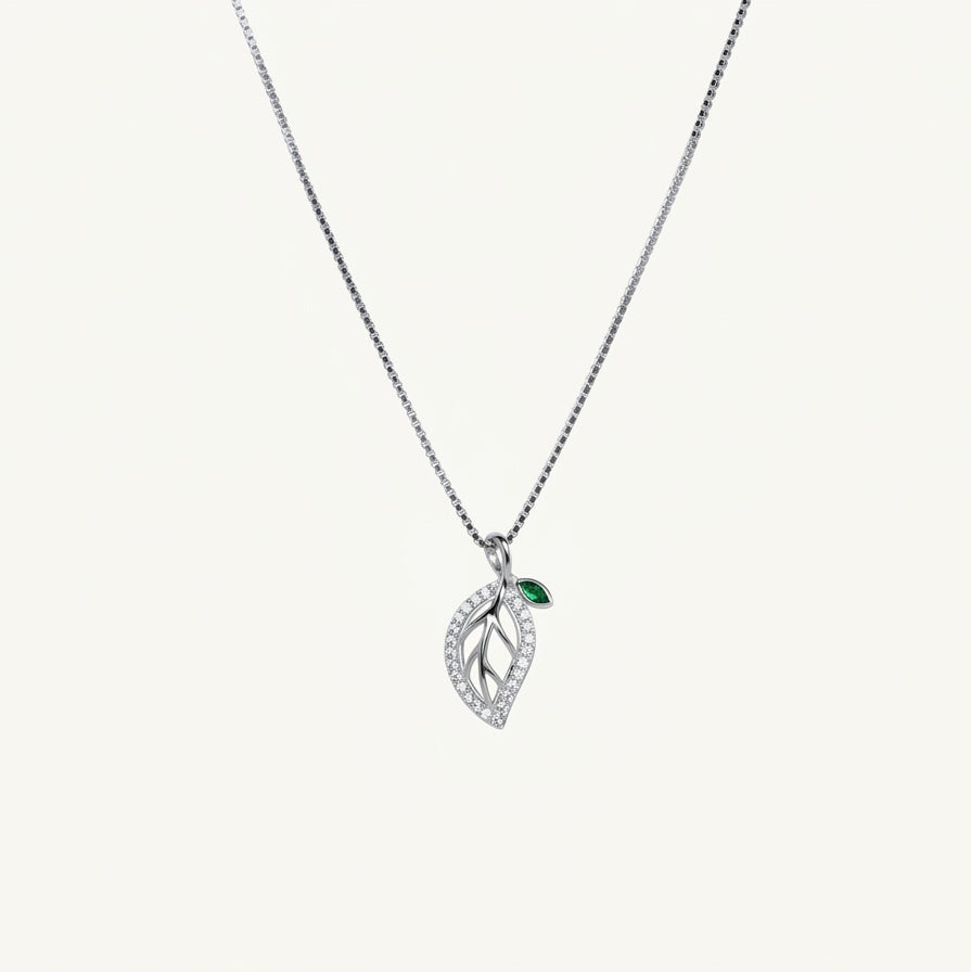 Silver Leaf Pendant Necklace with Green Stone | Elegant Jewellery