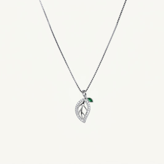 Silver Leaf Pendant Necklace with Green Stone | Elegant Jewellery