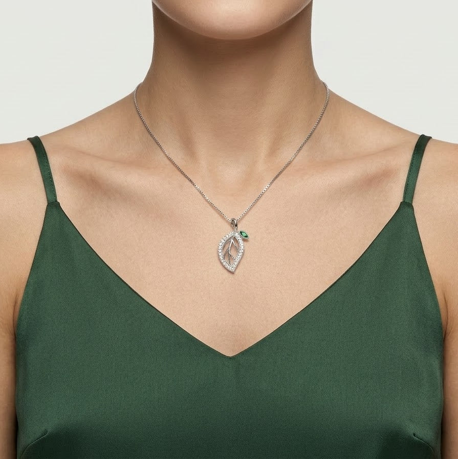 Silver Leaf Pendant Necklace with Green Stone | Elegant Jewellery