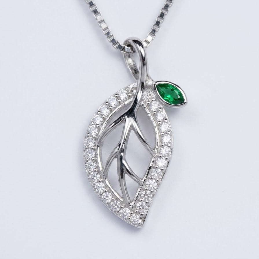 Silver Leaf Pendant Necklace with Green Stone | Elegant Jewellery