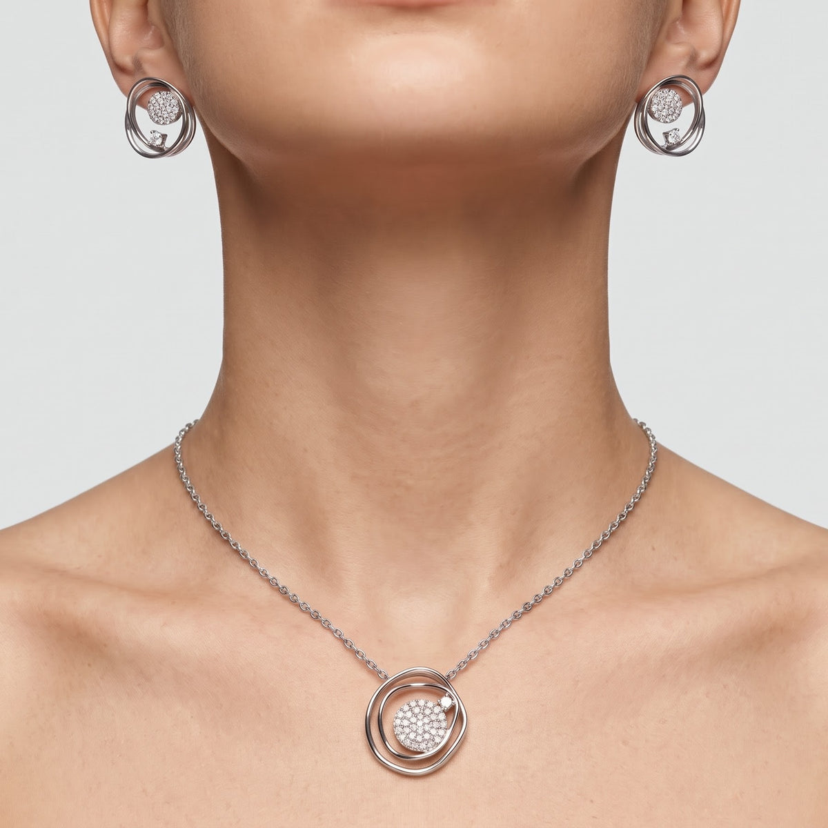 Elegant Circular Pavé Pendant Necklace & Earrings Set