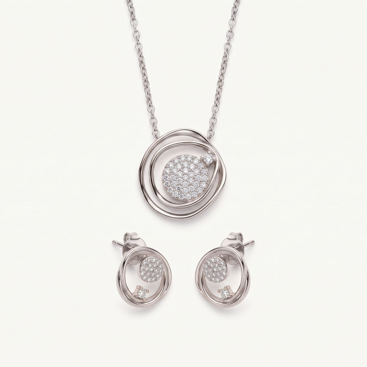 Elegant Circular Pavé Pendant Necklace & Earrings Set