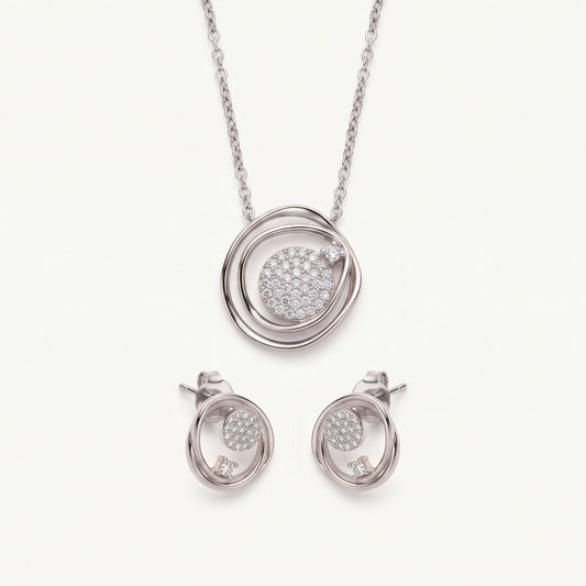 Elegant Circular Pavé Pendant Necklace & Earrings Set