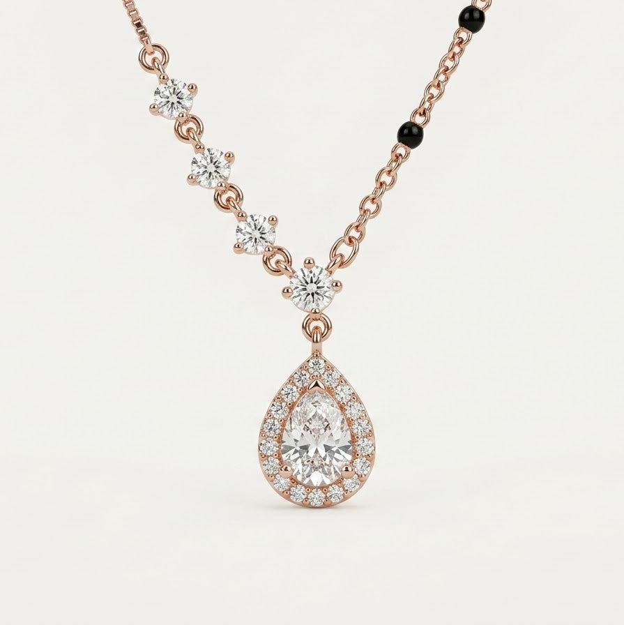 Rose Gold Teardrop Crystal Pendant Necklace with Black Bead Accents
