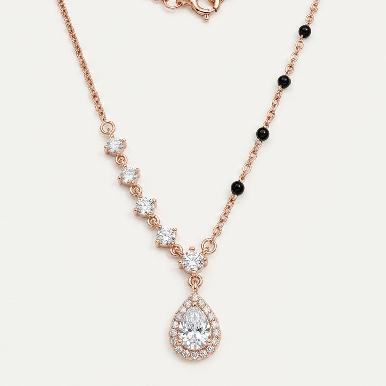 Rose Gold Teardrop Crystal Pendant Necklace with Black Bead Accents