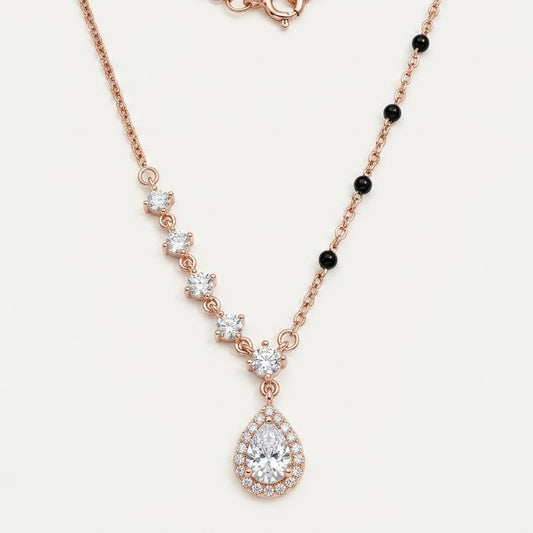 Rose Gold Teardrop Crystal Pendant Necklace with Black Bead Accents