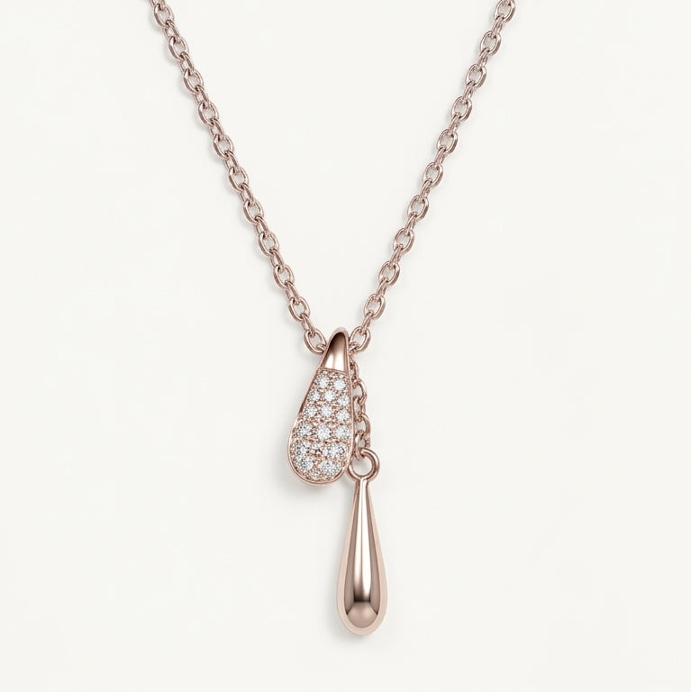 Rose Gold Teardrop Pendant Necklace with Sparkling Stones