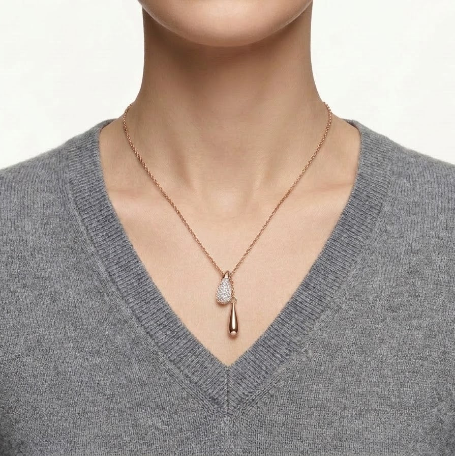 Rose Gold Teardrop Pendant Necklace with Sparkling Stones