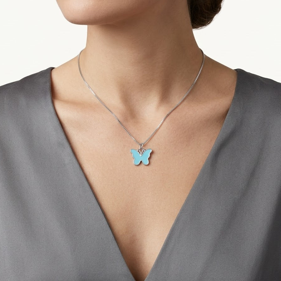 Silver Blue Butterfly Pendant Necklace – Elegant Jewellery