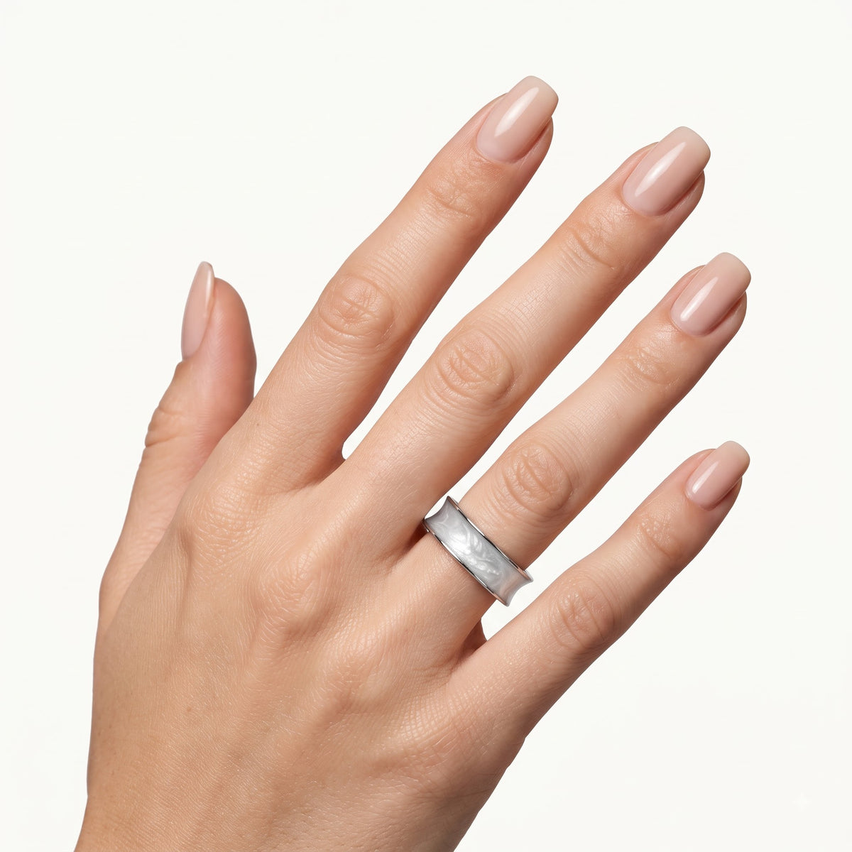 925 Sterling Silver White Pearl Inlay Wide Band Ring for Women