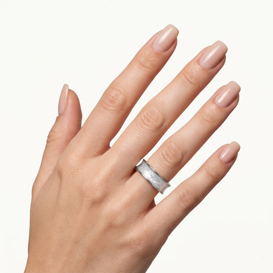 925 Sterling Silver White Pearl Inlay Wide Band Ring for Women