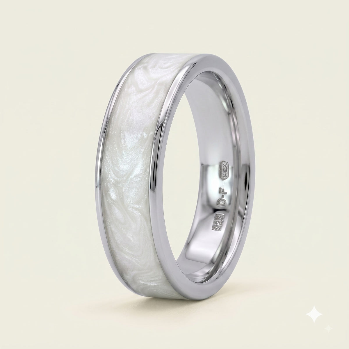925 Sterling Silver White Pearl Inlay Wide Band Ring for Women