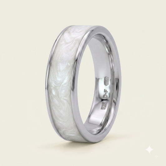 925 Sterling Silver White Pearl Inlay Wide Band Ring for Women