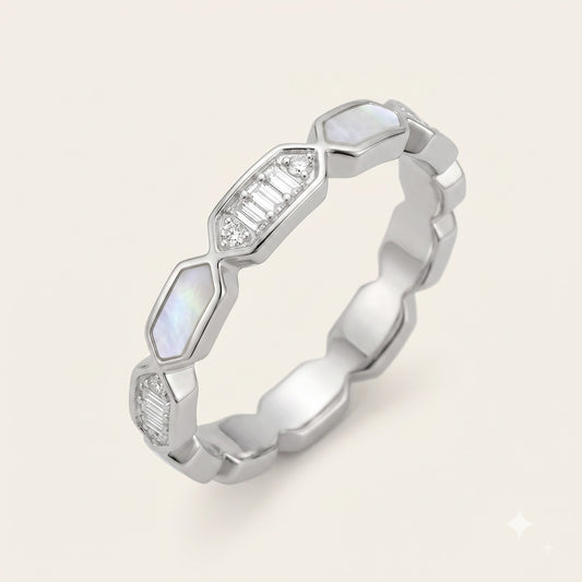 Elegant Silver-Tone Mother of Pearl & Crystal Link Bracelet