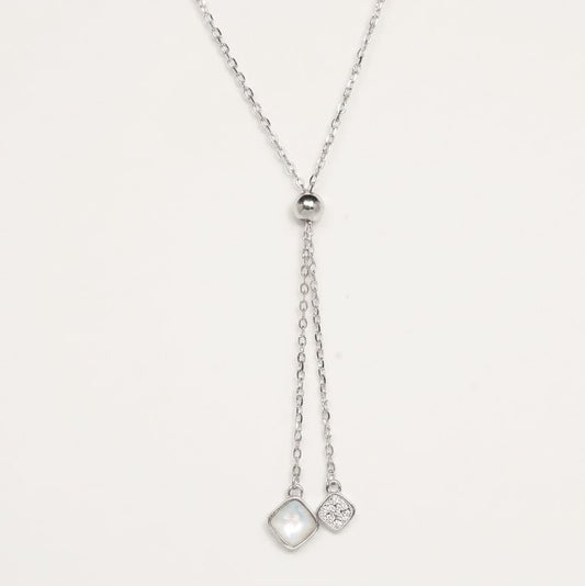 Silver Lariat Necklace with Mother-of-Pearl & Crystal Square Pendants