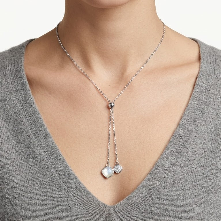 Silver Lariat Necklace with Mother-of-Pearl & Crystal Square Pendants