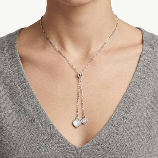 Silver Lariat Necklace with Mother-of-Pearl & Crystal Square Pendants