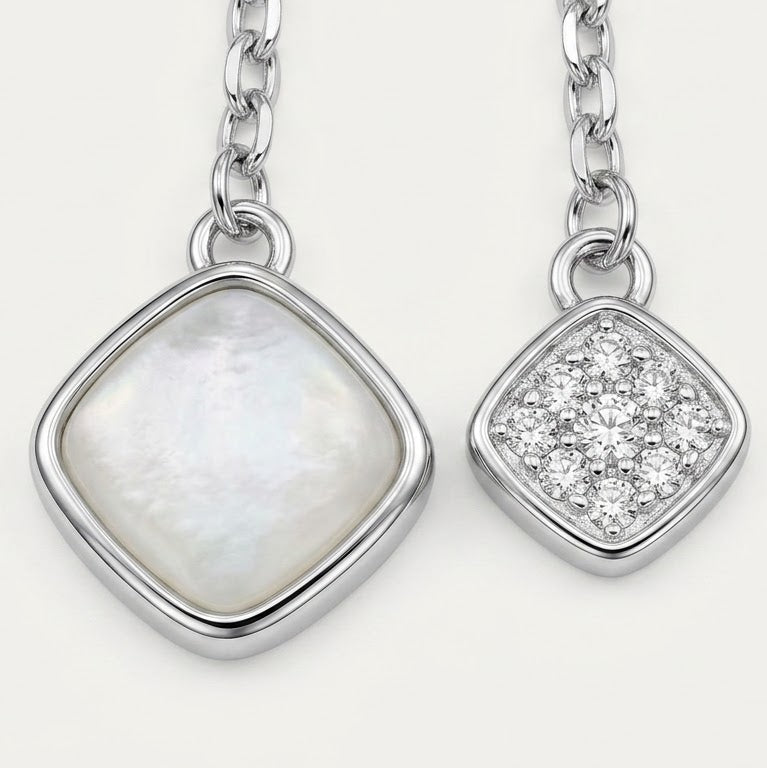 Silver Lariat Necklace with Mother-of-Pearl & Crystal Square Pendants