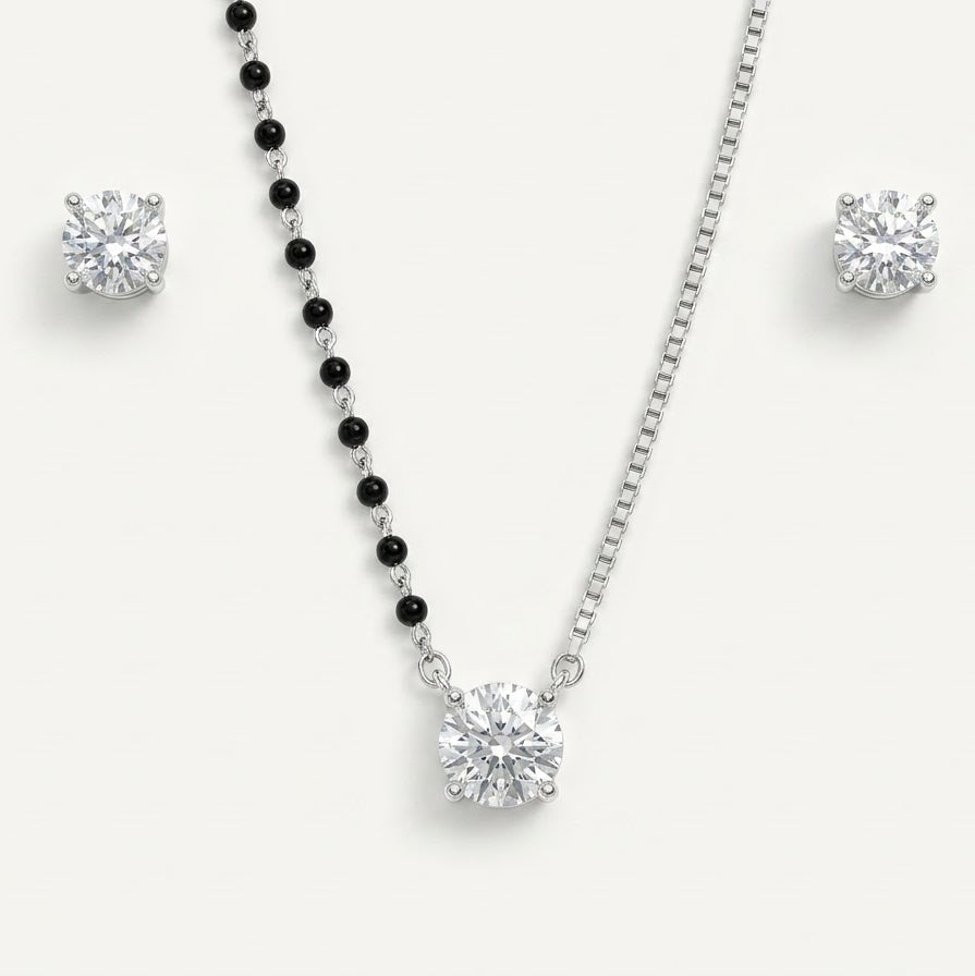 Silver Crystal Necklace & Matching Earrings Set with Black Bead Chain
