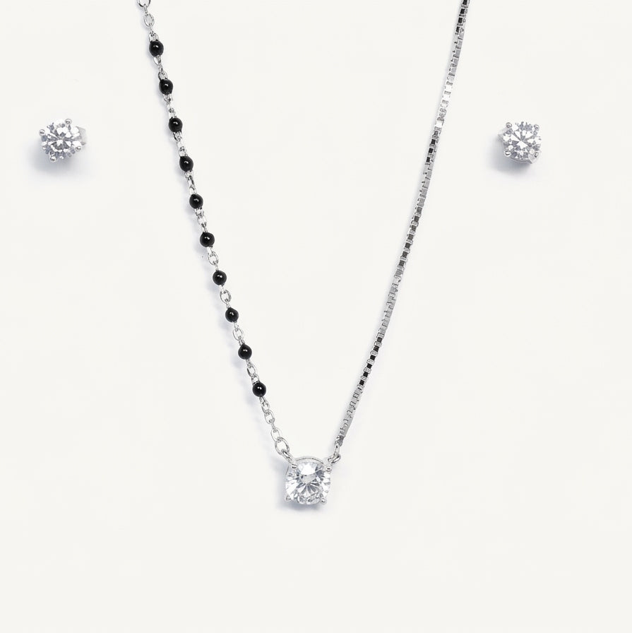 Silver Crystal Necklace & Matching Earrings Set with Black Bead Chain