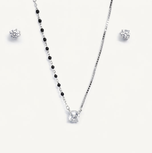 Silver Crystal Necklace & Matching Earrings Set with Black Bead Chain