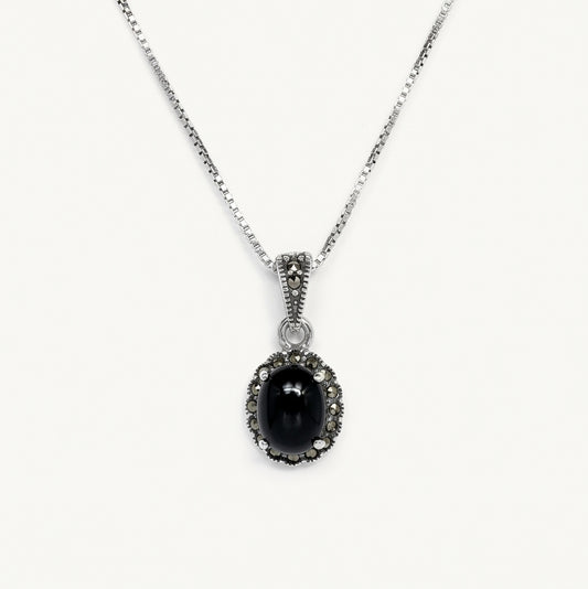 Black Oval Stone Pendant Necklace with Sparkling Silver Detailing
