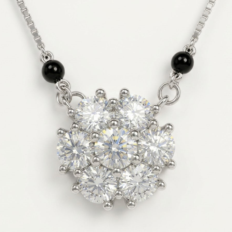 Silver Crystal Heart Pendant Necklace with Black Bead Accents