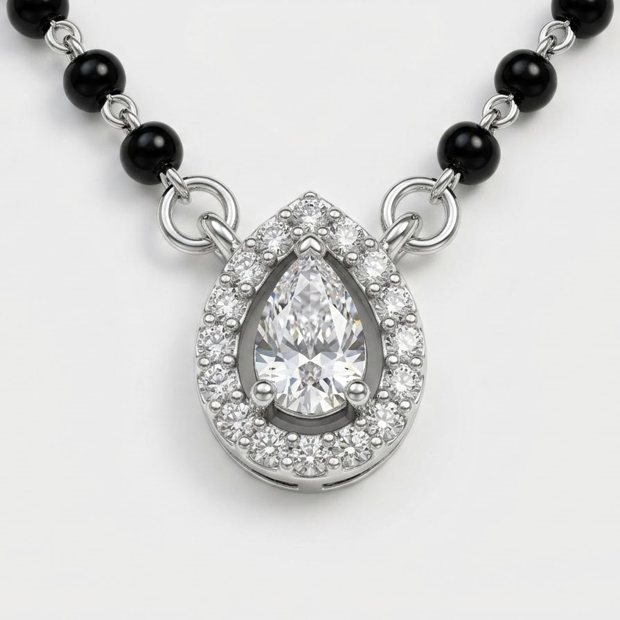 Silver Teardrop Crystal Pendant Necklace with Black Bead Accents