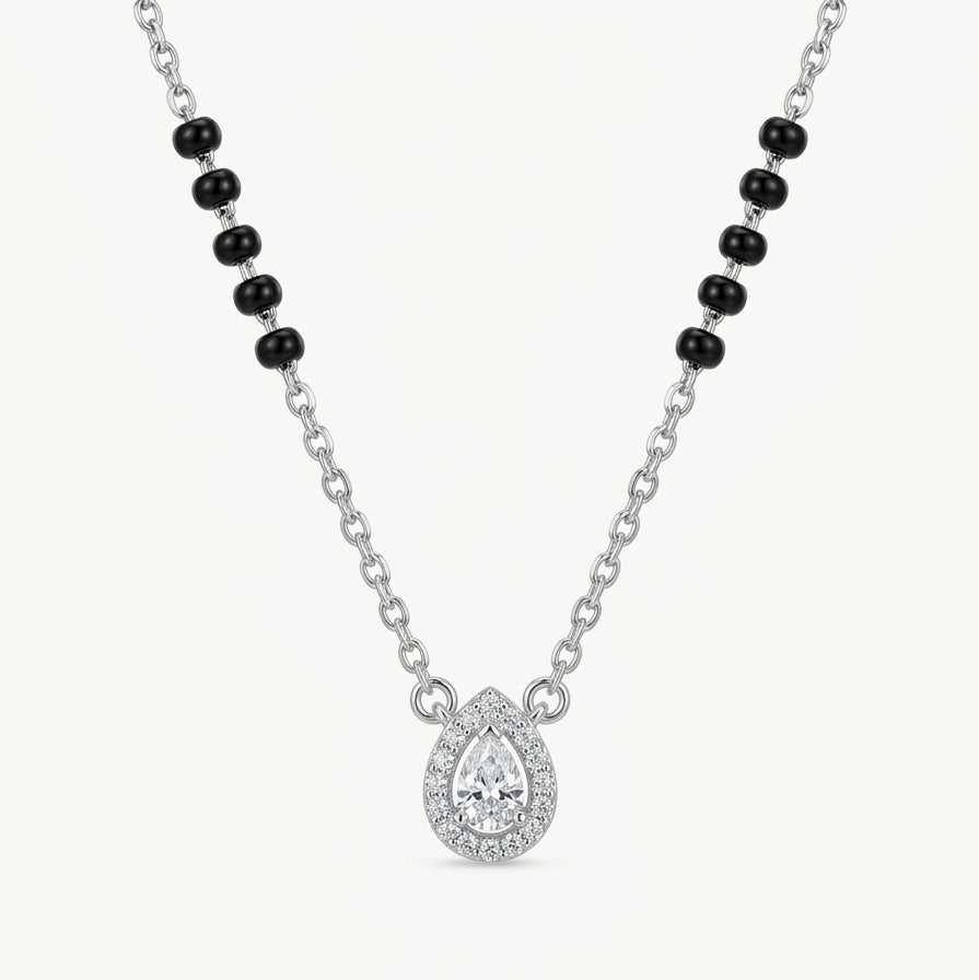 Silver Teardrop Crystal Pendant Necklace with Black Bead Accents