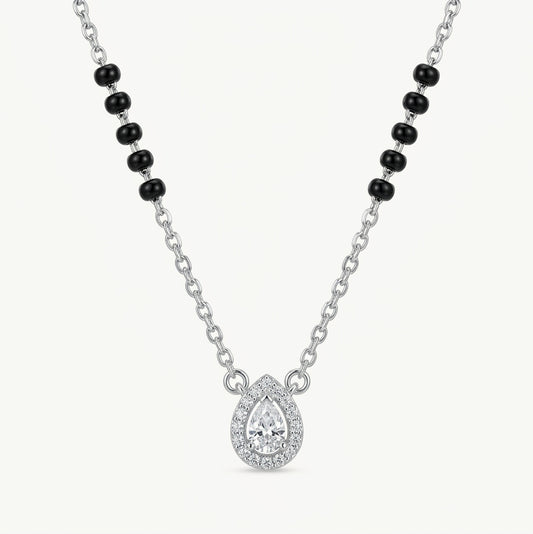 Silver Teardrop Crystal Pendant Necklace with Black Bead Accents