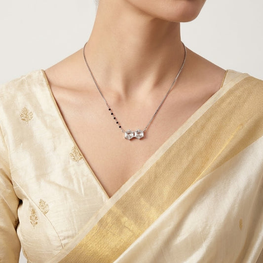 Silver Geometric Crystal Pendant Necklace with Black Bead Chain