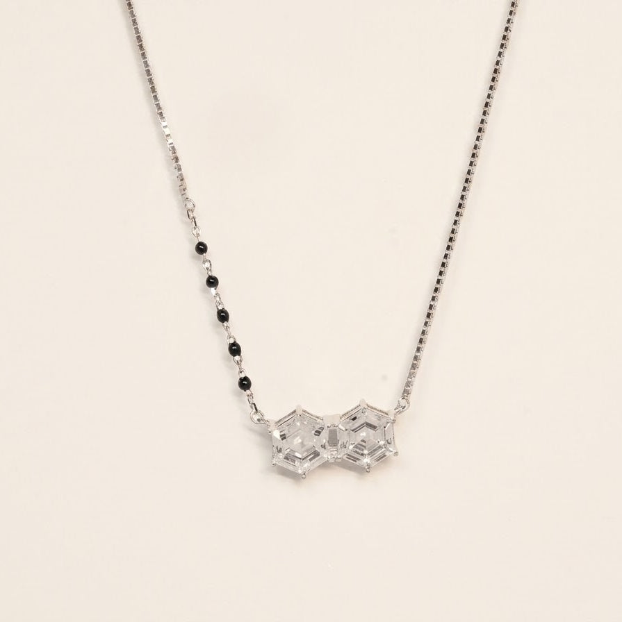 Silver Geometric Crystal Pendant Necklace with Black Bead Chain