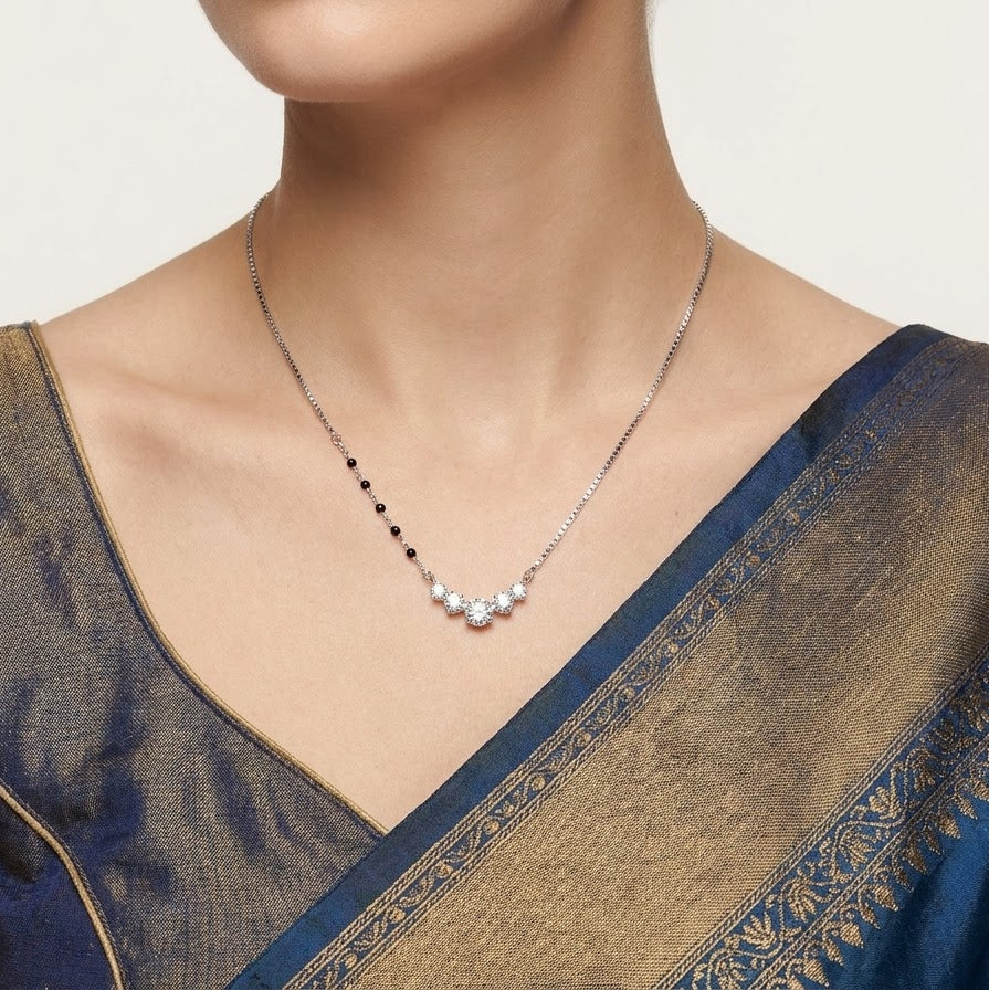 Silver Crystal Floral Pendant Necklace with Black Bead Accents