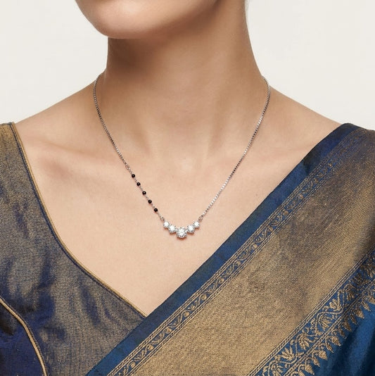 Silver Crystal Floral Pendant Necklace with Black Bead Accents