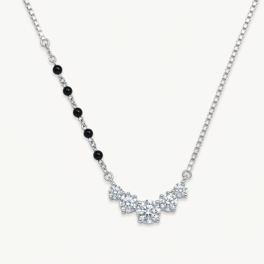 Silver Crystal Floral Pendant Necklace with Black Bead Accents
