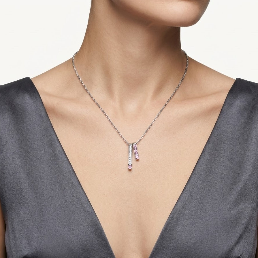 Elegant Silver-Tone Dual Bar Pink Gemstone Pendant Necklace