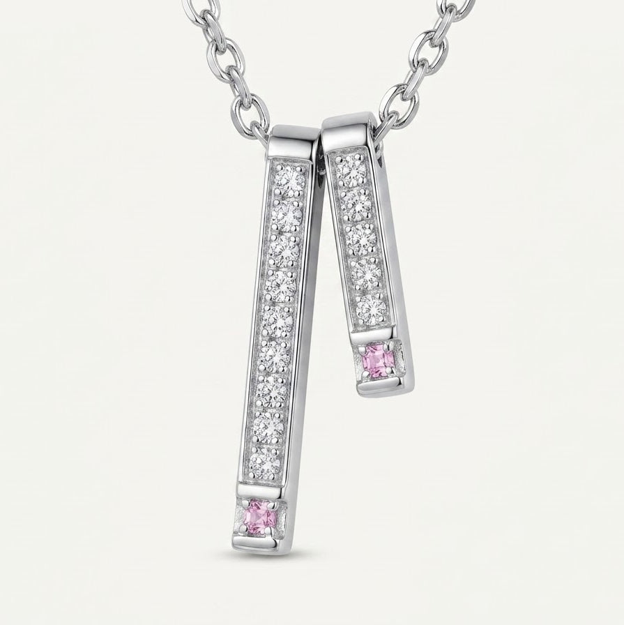 Elegant Silver-Tone Dual Bar Pink Gemstone Pendant Necklace