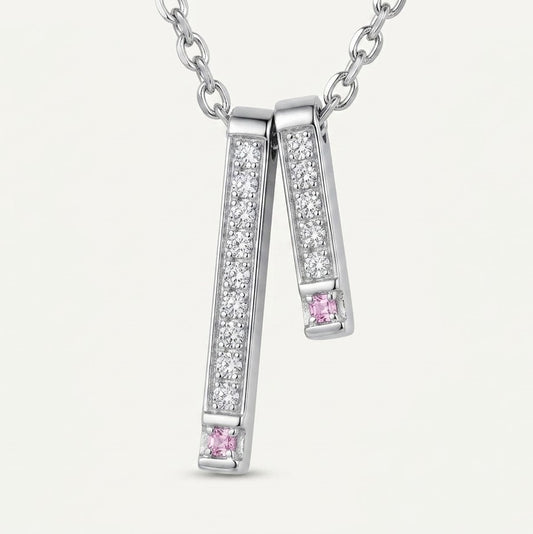 Elegant Silver-Tone Dual Bar Pink Gemstone Pendant Necklace