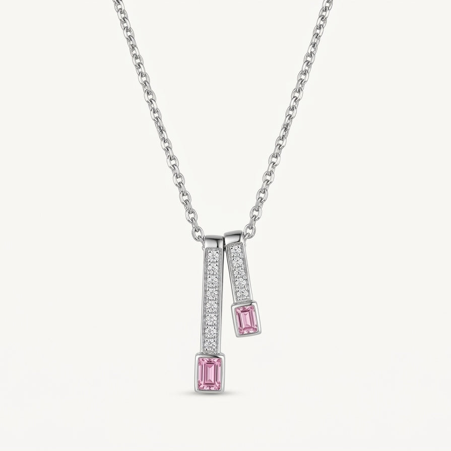 Elegant Silver-Tone Dual Bar Pink Gemstone Pendant Necklace
