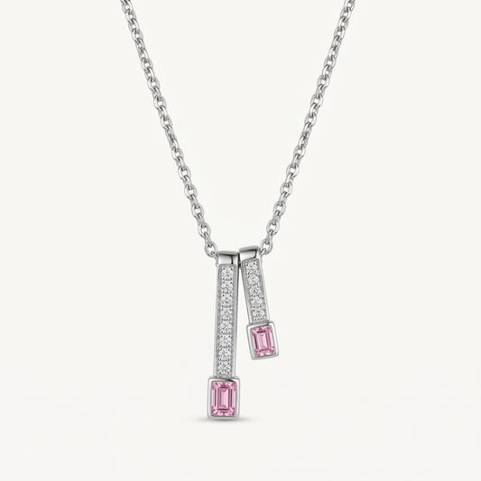 Elegant Silver-Tone Dual Bar Pink Gemstone Pendant Necklace